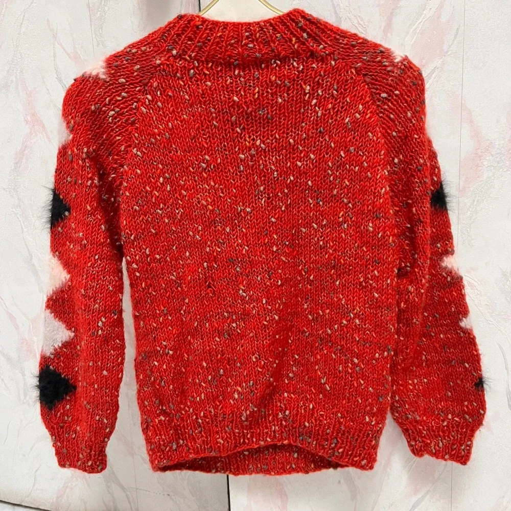 Handknitted Red Chunky Argyle Sweater Mock Neck Grannycore Cabin‎ Preppy Small